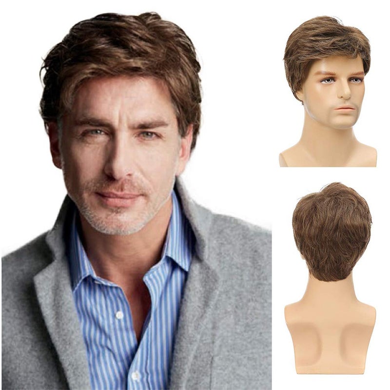 Kaneles Mens Short Brown Wig Synthetic Replacement Costume Halloween Natural Hair Wigs - Image 1